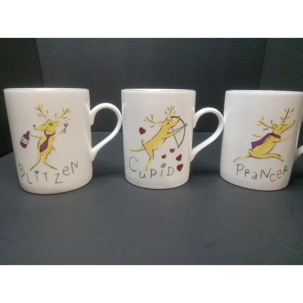 Pottery Barn Reindeer Mugs 12 Oz Silver Trim Lot Of 3 Blitzen Prancer Cupid